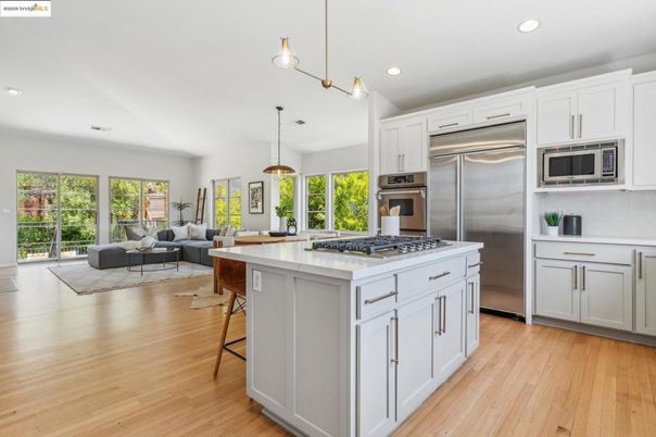 Interior, Kitchen, Living room, Pendant Lights, Recessed Lighting, Stainless Steel Appliances, Wood Texture Flooring