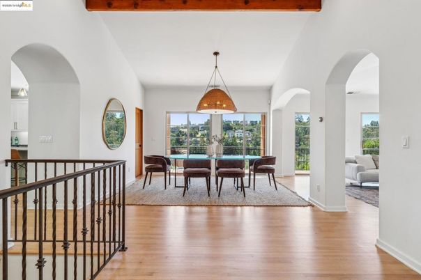 Dining room, Interior, Pendant Lights, Wooden Beams, Wood Texture Flooring