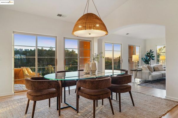 Dining room, Interior, Pendant Lights, Wood Texture Flooring