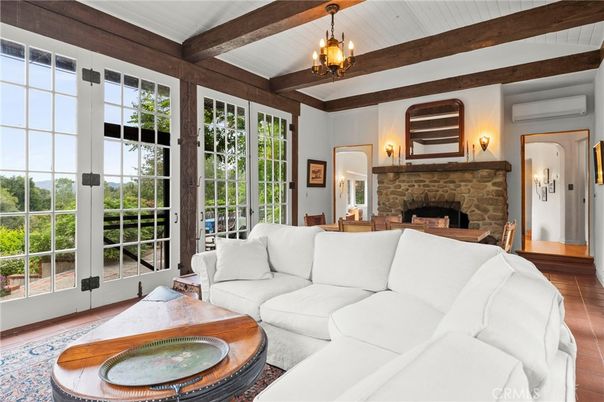 Chandelier, Fireplace, Interior, Living room, Wooden Beams