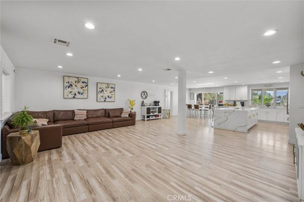 Interior, Kitchen, Living room, Marble Walls, Recessed Lighting, Wood Texture Flooring