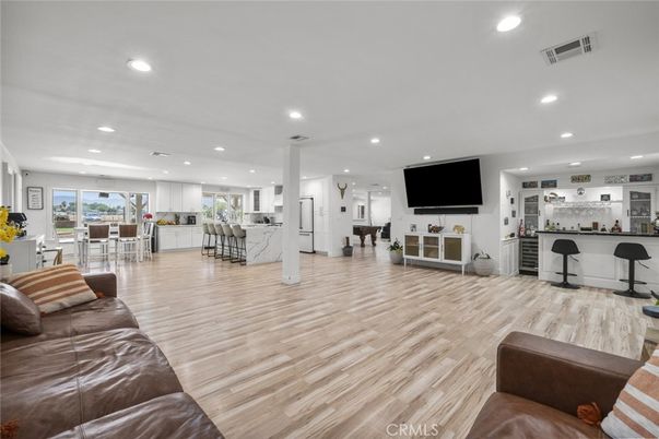 Dining room, Interior, Kitchen, Living room, Recessed Lighting, Wood Texture Flooring