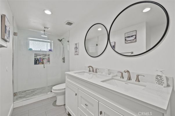 Bathroom, Dual Sink Vanities, Glass Shower, Interior, Recessed Lighting