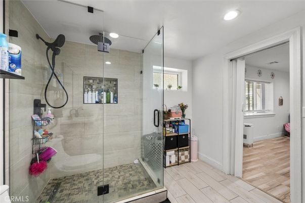 Bathroom, Glass Shower, Interior, Recessed Lighting, Wood Texture Flooring