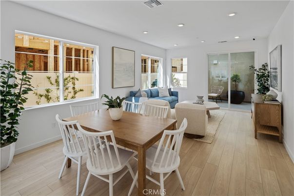 Dining room, Interior, Living room, Recessed Lighting, Wood Texture Flooring