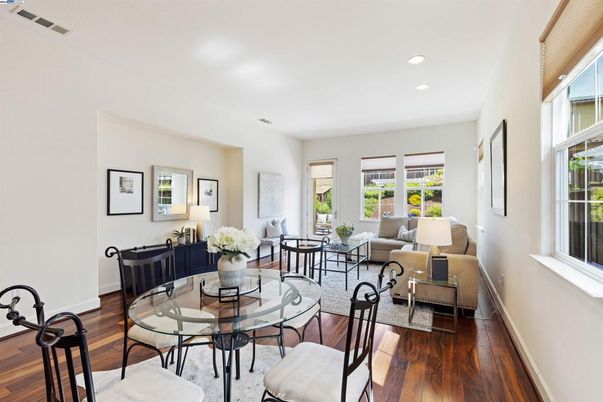 Dining room, Interior, Living room, Recessed Lighting, Wood Texture Flooring