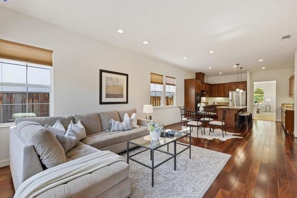 Dining room, Interior, Kitchen, Living room, Pendant Lights, Recessed Lighting, Stainless Steel Appliances, Wood Texture Flooring
