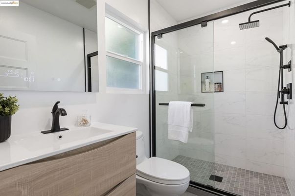 Bathroom, Glass Shower, Interior, Marble Walls, Recessed Lighting