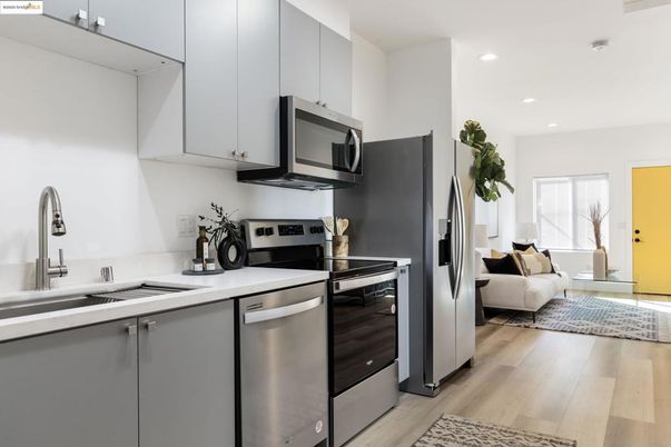 Interior, Kitchen, Living room, Recessed Lighting, Stainless Steel Appliances, Wood Texture Flooring