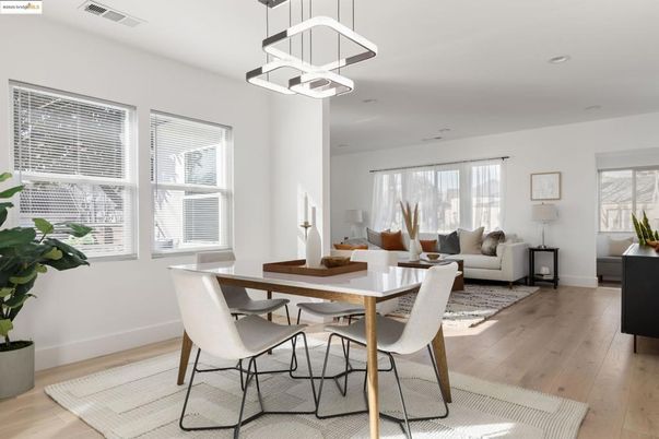 Dining room, Interior, Living room, Pendant Lights, Recessed Lighting, Wood Texture Flooring