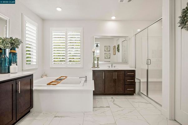 Bathroom, Dual Sink Vanities, Glass Shower, Interior, Marble, Recessed Lighting