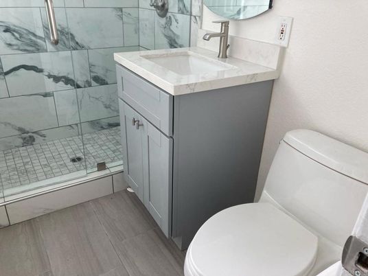 Bathroom, Interior, Marble Walls, Wood Texture Flooring