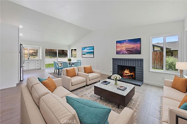 Dining room, Fireplace, Interior, Living room, Wood Texture Flooring