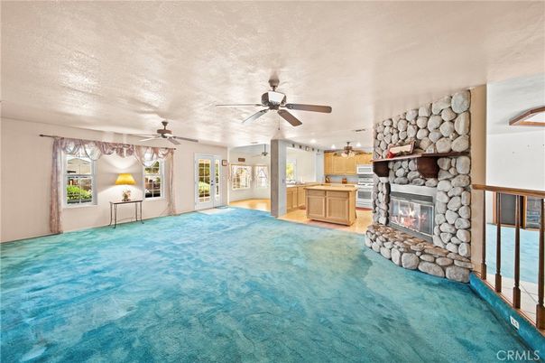 Empty room, Fireplace, Interior, Recessed Lighting, Stone Walls