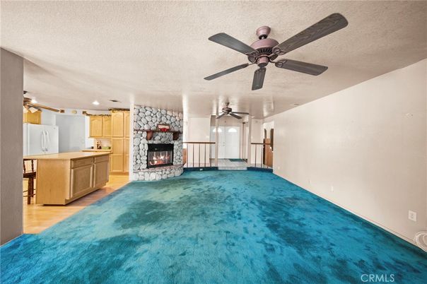 Empty room, Fireplace, Interior, Kitchen, Recessed Lighting, Stone Walls