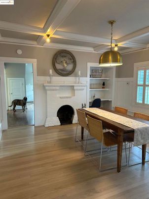 Dining room, Fireplace, Interior, Pendant Lights, Wood Texture Flooring