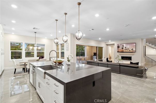 Dining room, Fireplace, Interior, Kitchen, Living room, Pendant Lights, Recessed Lighting