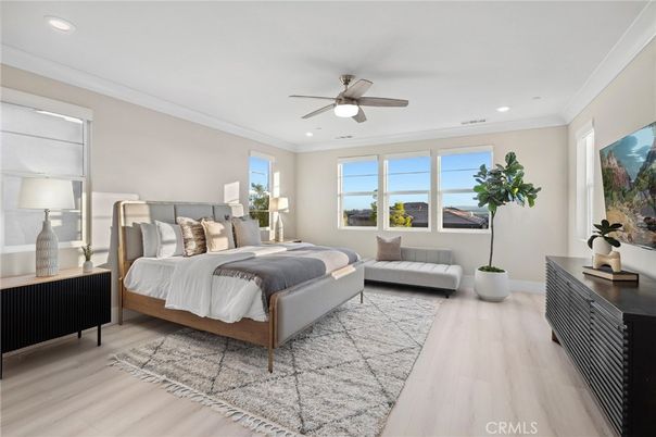 Bedroom, Interior, Recessed Lighting, Wood Texture Flooring