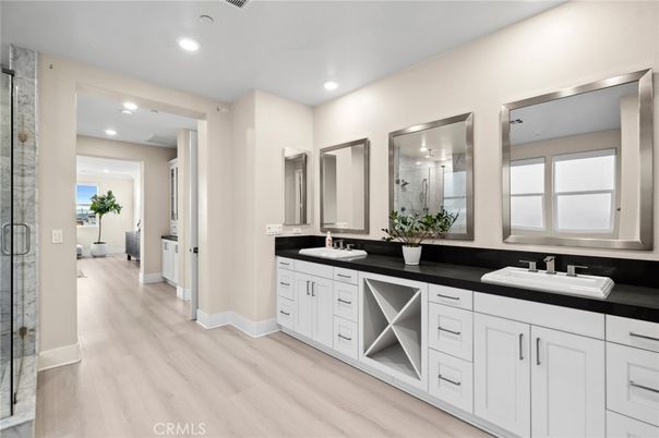 Bathroom, Dual Sink Vanities, Interior, Recessed Lighting, Wood Texture Flooring