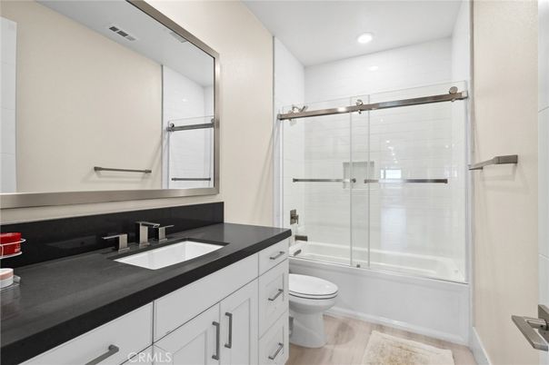Bathroom, Glass Shower, Interior, Recessed Lighting, Wood Texture Flooring