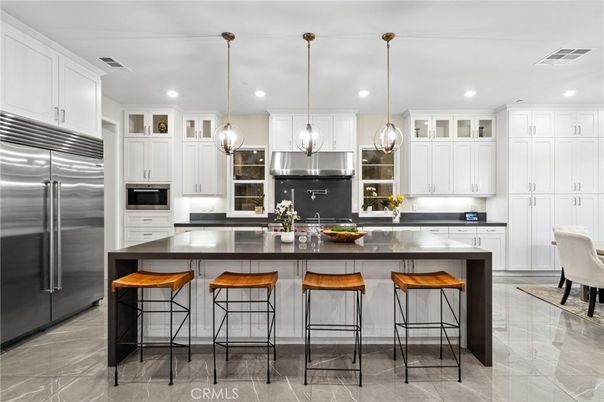 Interior, Kitchen, Marble, Pendant Lights, Recessed Lighting, Stainless Steel Appliances