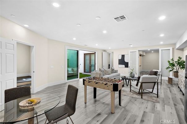Dining room, Game Room, Interior, Living room, Recessed Lighting, Wood Texture Flooring