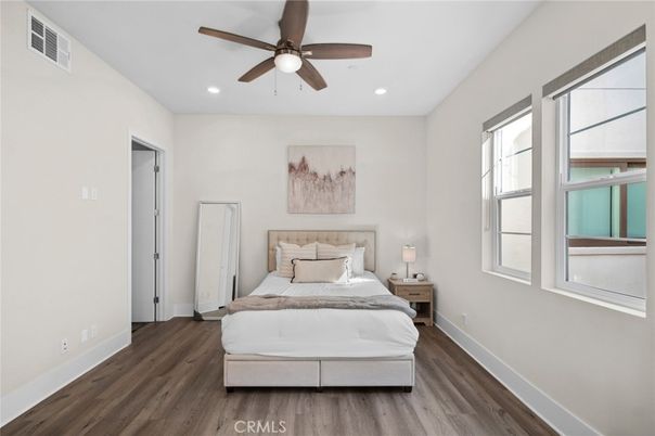 Bedroom, Interior, Recessed Lighting, Wood Texture Flooring