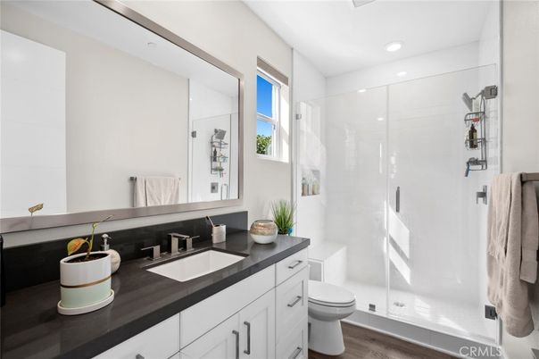 Bathroom, Glass Shower, Interior, Recessed Lighting, Wood Texture Flooring