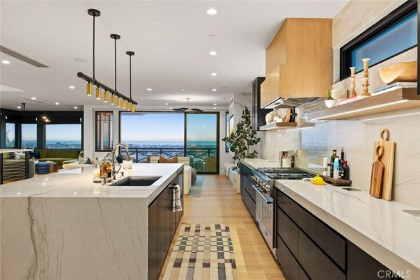 Interior, Kitchen, Pendant Lights, Recessed Lighting, Stainless Steel Appliances, Water, Wood Texture Flooring