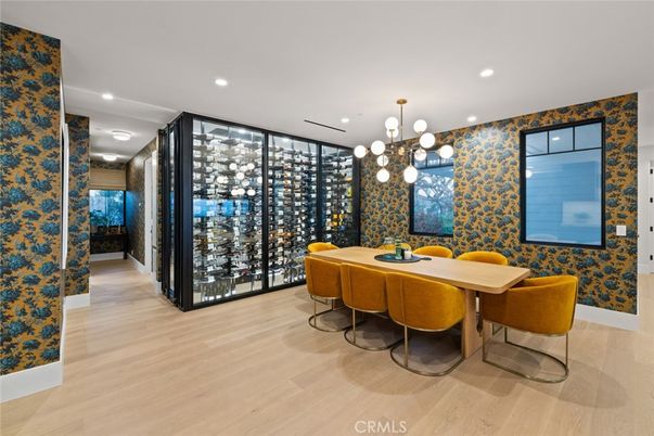Chandelier, Dining room, Interior, Pendant Lights, Recessed Lighting, Wine Storage, Wood Texture Flooring