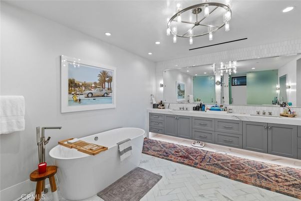 Bathroom, Chandelier, Dual Sink Vanities, Free Standing Baths, Interior, Marble, Pendant Lights, Recessed Lighting
