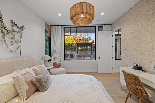Bedroom, Chandelier, Home Office, Interior, Pendant Lights, Recessed Lighting, Wood Texture Flooring