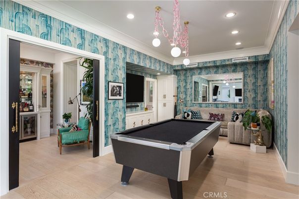 Billiard Table, Game Room, Interior, Pendant Lights, Recessed Lighting, Wood Texture Flooring