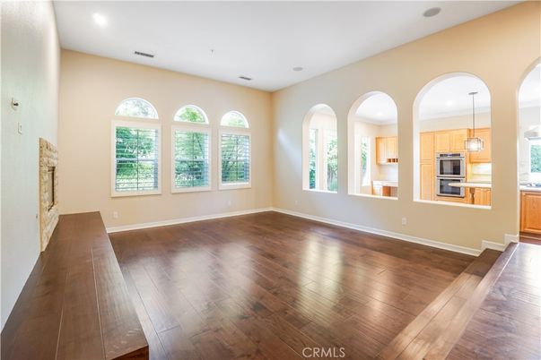Empty room, Interior, Kitchen, Pendant Lights, Recessed Lighting, Wood Texture Flooring