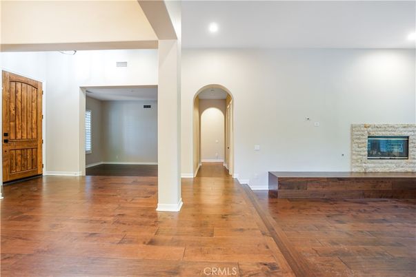 Empty room, Fireplace, Interior, Recessed Lighting, Wood Texture Flooring