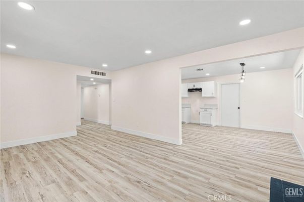 Empty room, Interior, Kitchen, Pendant Lights, Recessed Lighting, Wood Texture Flooring