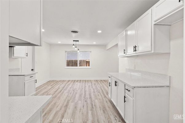 Empty room, Interior, Kitchen, Pendant Lights, Recessed Lighting, Wood Texture Flooring