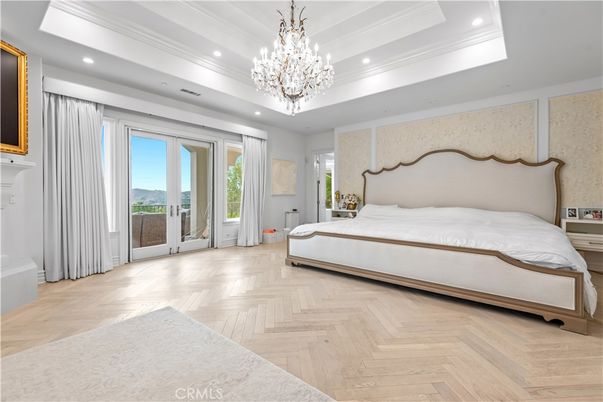 Bedroom, Chandelier, Interior, Recessed Lighting, Wood Texture Flooring