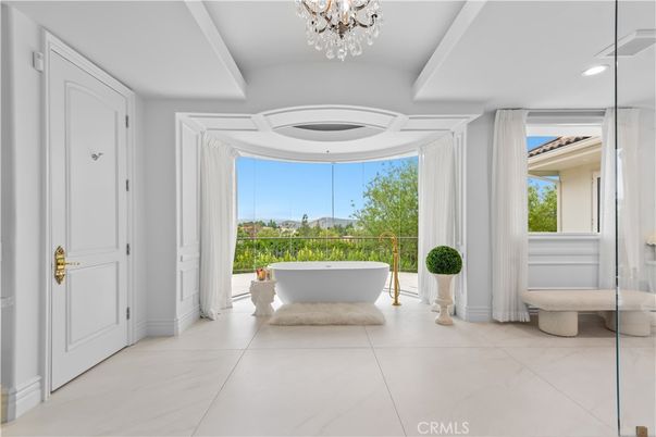 Bathroom, Chandelier, Free Standing Baths, Interior, Marble, Recessed Lighting