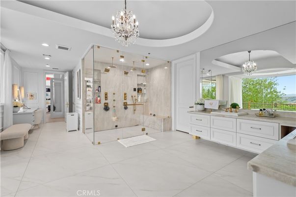 Bathroom, Chandelier, Glass Shower, Interior, Marble, Recessed Lighting