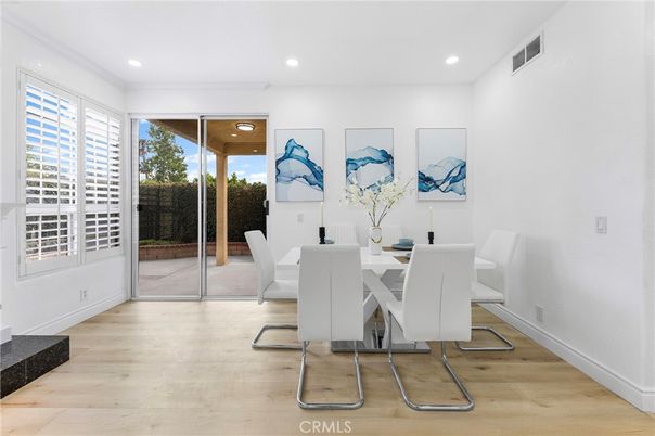 Dining room, Interior, Recessed Lighting, Wood Texture Flooring