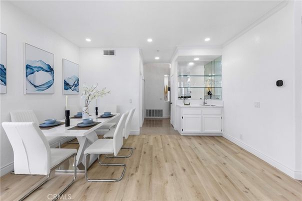 Dining room, Interior, Recessed Lighting, Wood Texture Flooring
