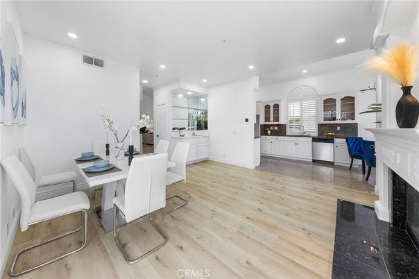 Dining room, Fireplace, Interior, Kitchen, Recessed Lighting, Wood Texture Flooring