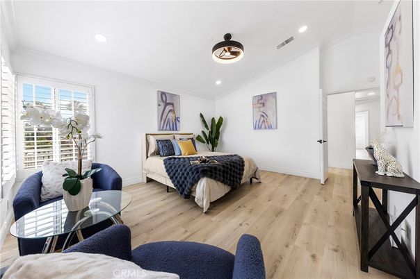 Bedroom, Interior, Recessed Lighting, Wood Texture Flooring