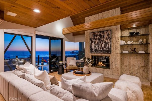 Fireplace, Interior, Living room, Recessed Lighting, Stone Walls, Water, Wooden Ceilings, Wood Texture Flooring, Wooden Walls