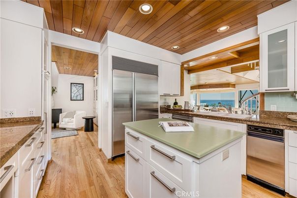 Interior, Kitchen, Recessed Lighting, Stainless Steel Appliances, Water, Wooden Ceilings, Wood Texture Flooring