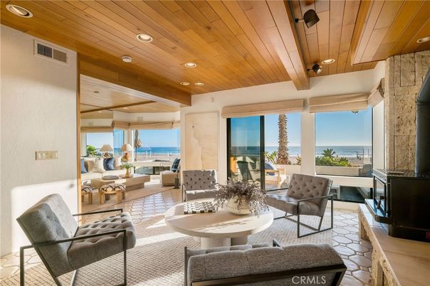 Fireplace, Interior, Living room, Recessed Lighting, Stone Walls, Water, Wooden Beams, Wooden Ceilings