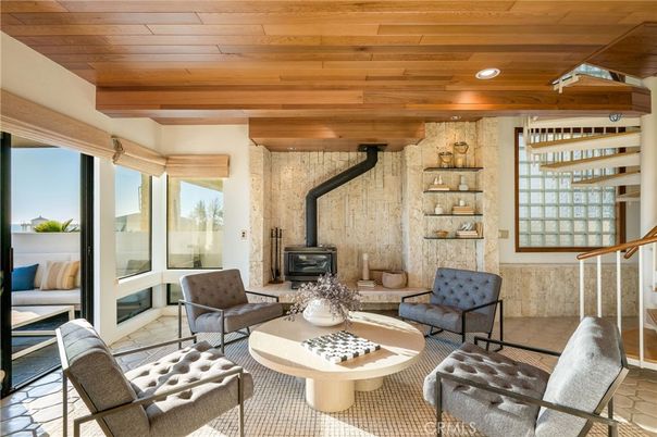 Fireplace, Interior, Living room, Recessed Lighting, Stone Walls, Wooden Beams, Wooden Ceilings