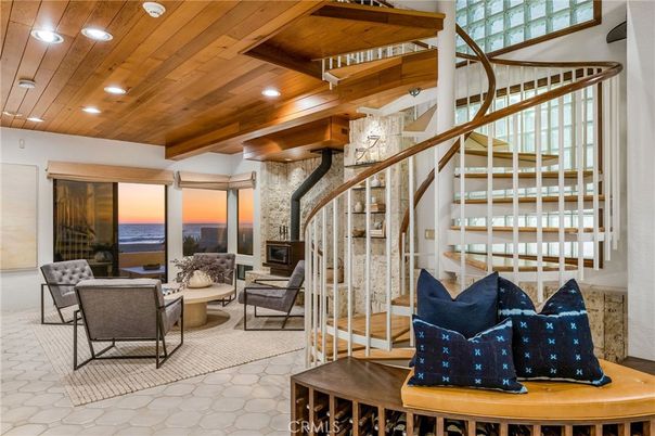 Fireplace, Interior, Living room, Recessed Lighting, Stone Walls, Water, Wooden Beams, Wooden Ceilings