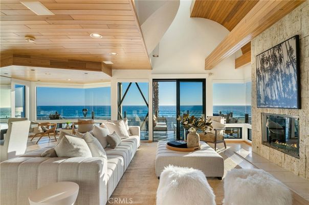 Fireplace, Interior, Living room, Recessed Lighting, Stone Walls, Water, Wooden Beams, Wooden Ceilings
